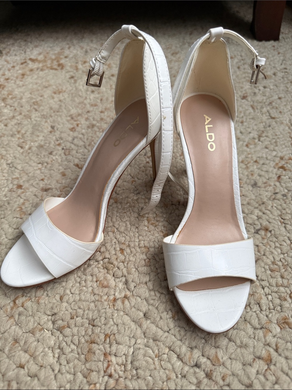 ALDO White Croc-Embossed Ankle-Strap Heels